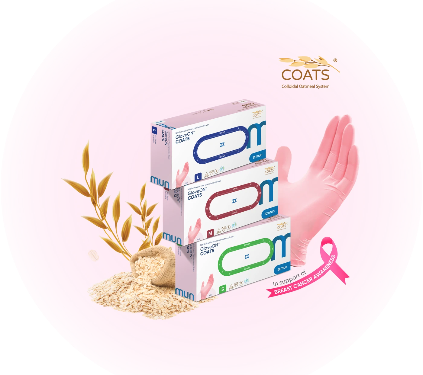 Pink COATS gloves and packaging in support of breast cancer awareness